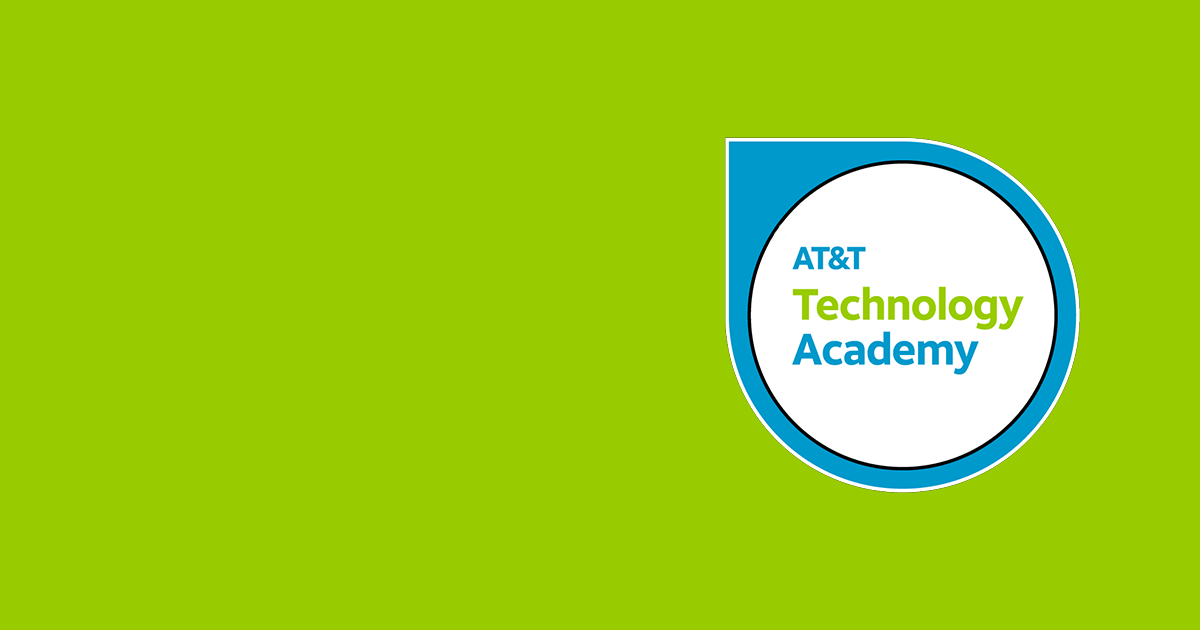 Blue and White "AT&T Technology Academy" logo on green background