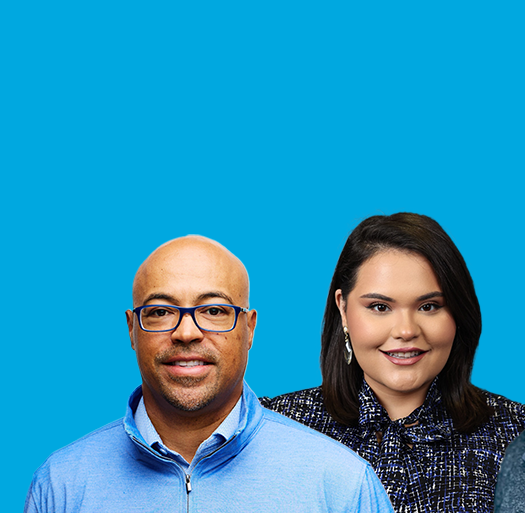 Three people on blue background