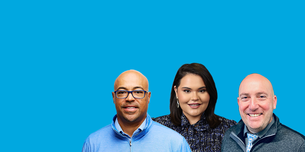 Three people on blue background