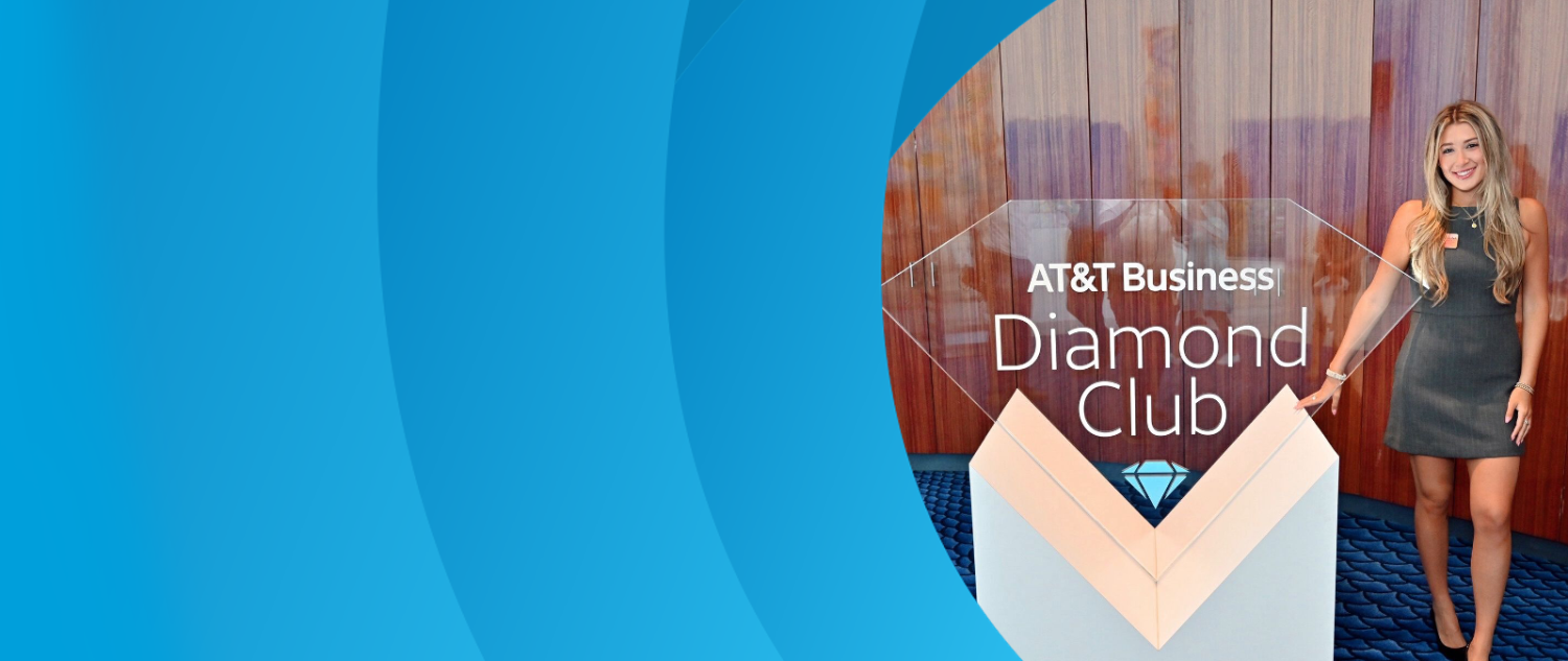 Blue aperture pattern around a photo of a woman posing with AT&T Diamond Club sign