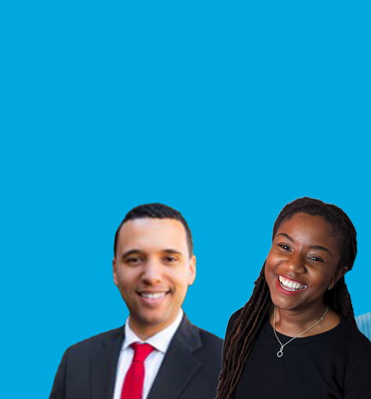Three employees in business attire in front of a blue background