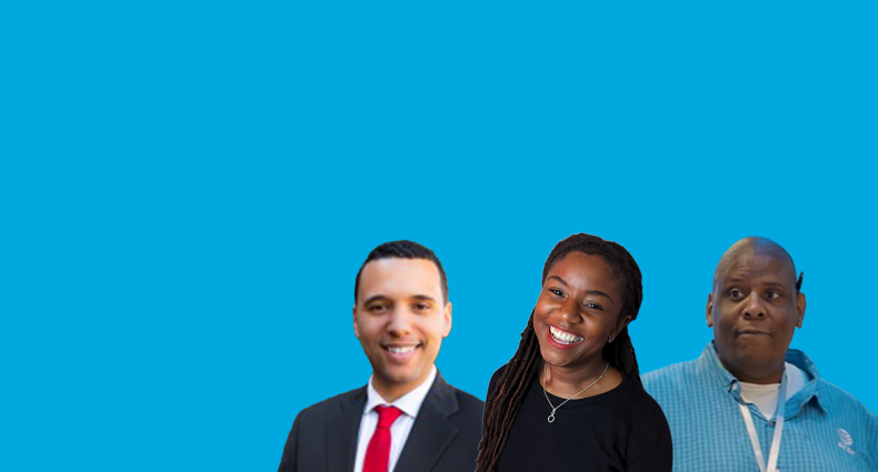 Three employees in business attire in front of a blue background