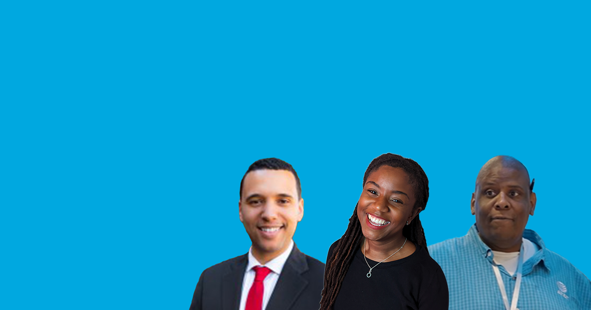 Three employees in business attire in front of a blue background